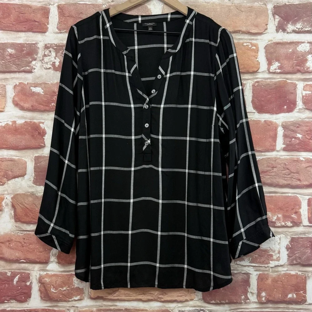 Talbots Top Women's 2X Petite Black White Windowpane Plaid Casual Popover Shirt